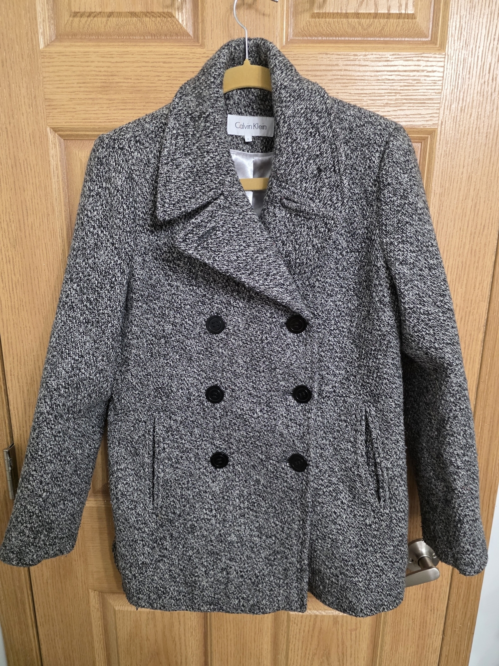 Calvin Klein Women's Black and Gray Tweed Double-Breasted Peacoat